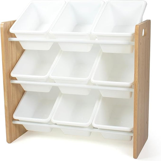 Humble Crew 9-Bin Toy Organizer – Journey Natural Wood with White Plastic Bins, 3-Tier Storage Solution for Kids' Playrooms and Nurseries
