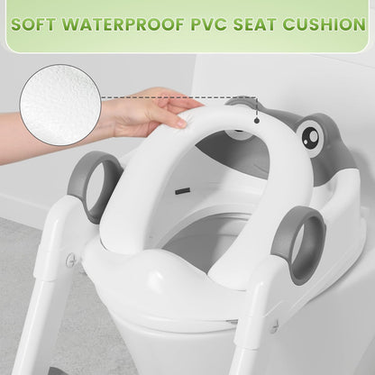 COOSEYA Frog Toilet Seat, Potty Training Seat for Toddler, Upgrade Potty Training 2 in 1 Toddler Toilet Seat for Boys Girls,Waterproof Soft Mat Non-Slip Step Stool
