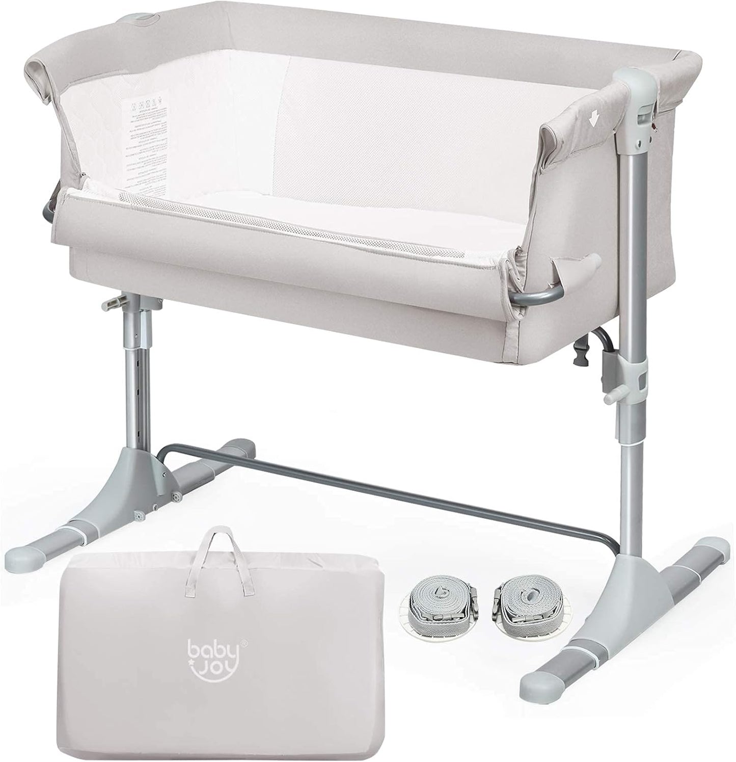 BABY JOY Baby Bedside Crib, Portable Travel Sleeper Bed Side Bassinet w/Carrying Bag, Newborn Bassinet to Infant, Kids Crib with Detachable Mattress, Height Adjustable Design, Breathable Mesh, Grey