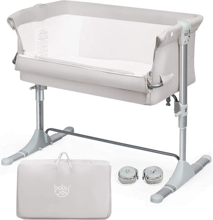 BABY JOY Baby Bedside Crib, Portable Travel Sleeper Bed Side Bassinet w/Carrying Bag, Newborn Bassinet to Infant, Kids Crib with Detachable Mattress, Height Adjustable Design, Breathable Mesh, Grey