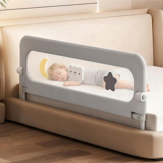 Bed Rail for Toddlers, Foldable Baby Bed Rail Guard, Adjustable, Safety, Convenient, Guard Rails with Twin, Full, Queen& King Size (Gray Cartoon, 1 Side:48inch)