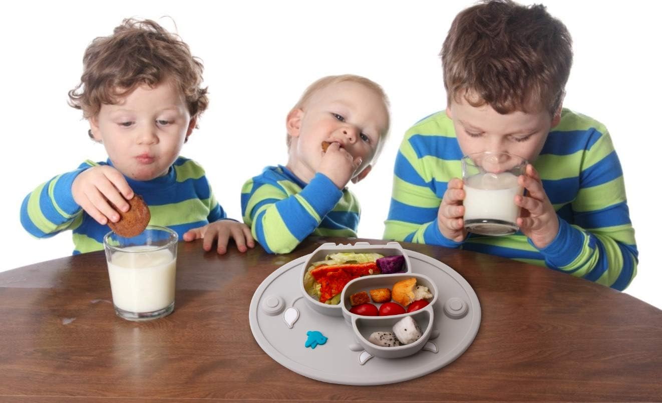 Silicone Divided Toddler Plates - Portable Non Slip Suction Plates Placemat for Children Babies and Kids BPA Free Baby Dinner Plate Bowl (Owl-Cyan)