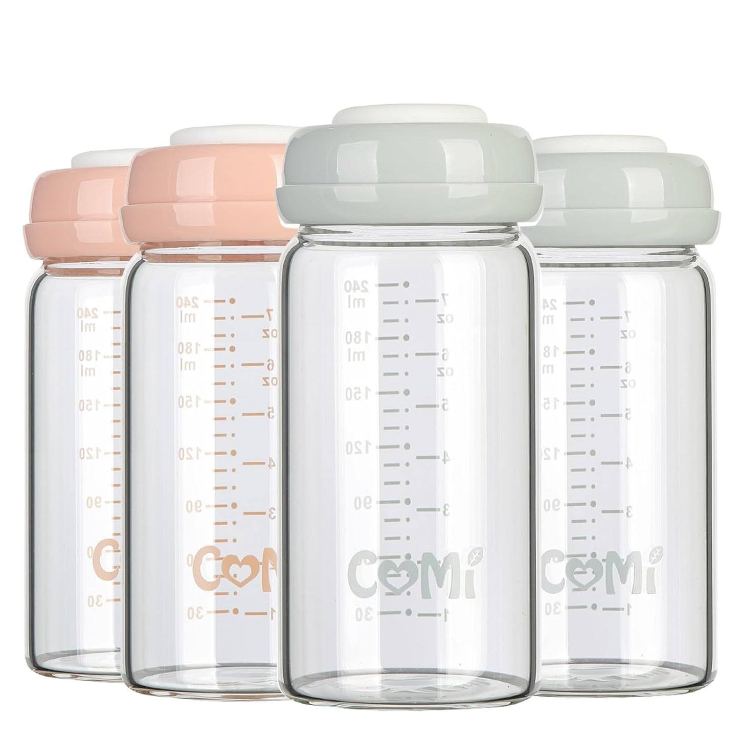 COMI Wide Neck Glass Breastmilk Collection n Storage Bottle, 4 Packs,10oz with Screw Ring Sealing Disk,Re-markable Sealing Disc,BPA Free,Fits Breast Pumps&Nipples(4 Green Lids)