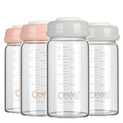 COMI Wide Neck Glass Breastmilk Collection n Storage Bottle, 4 Packs,10oz with Screw Ring Sealing Disk,Re-markable Sealing Disc,BPA Free,Fits Breast Pumps&Nipples(4 Green Lids)