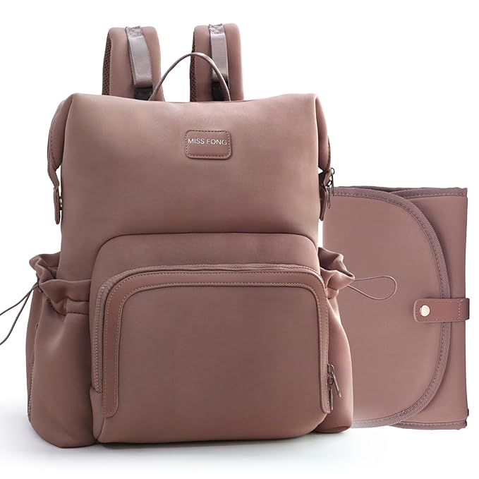 miss fong Diaper Bag Backpack - Baby Diaper Bag Neoprene Bag Large Capacity Neoprene Backpack with Diaper Changing Pad with 12 Pockets Pañaleras Para Bebe Baby Backpack for Mom & Dad -Mauve