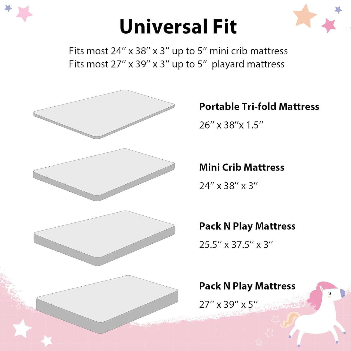 Baby Mini Crib Sheets Girl, Portable 38”x26” Pack and Play Sheets Fitted for Playard and Pack N Play Mattress, 3-Pack Soft Microfiber Pink Rainbow