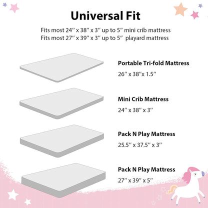 Baby Mini Crib Sheets Girl, Portable 38”x26” Pack and Play Sheets Fitted for Playard and Pack N Play Mattress, 3-Pack Soft Microfiber Pink Rainbow