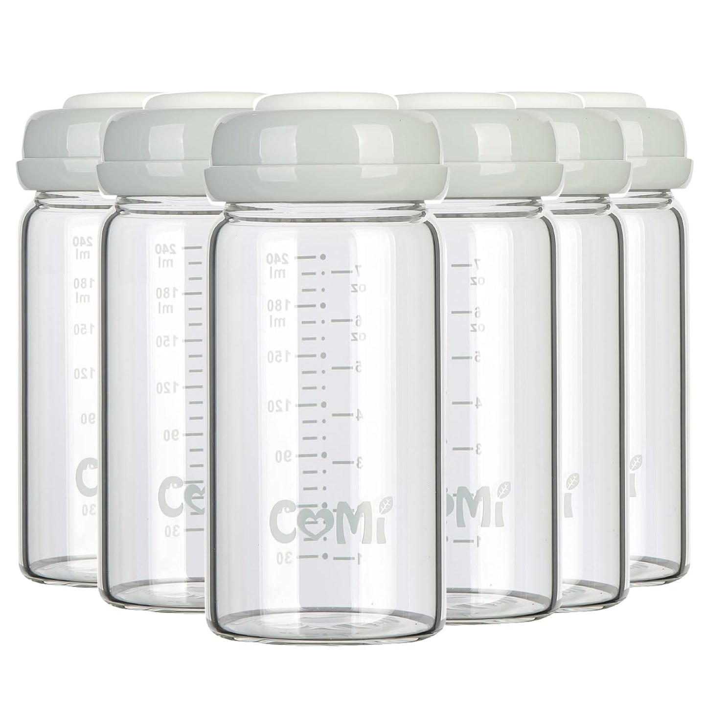COMI Wide Neck Glass Breastmilk Collection n Storage Bottle, 4 Packs,10oz with Screw Ring Sealing Disk,Re-markable Sealing Disc,BPA Free,Fits Breast Pumps&Nipples(4 Green Lids)