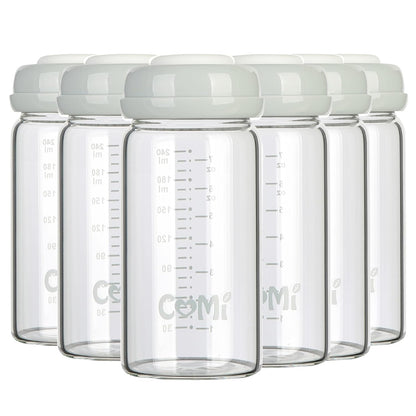 COMI Wide Neck Glass Breastmilk Collection n Storage Bottle, 4 Packs,10oz with Screw Ring Sealing Disk,Re-markable Sealing Disc,BPA Free,Fits Breast Pumps&Nipples(4 Green Lids)