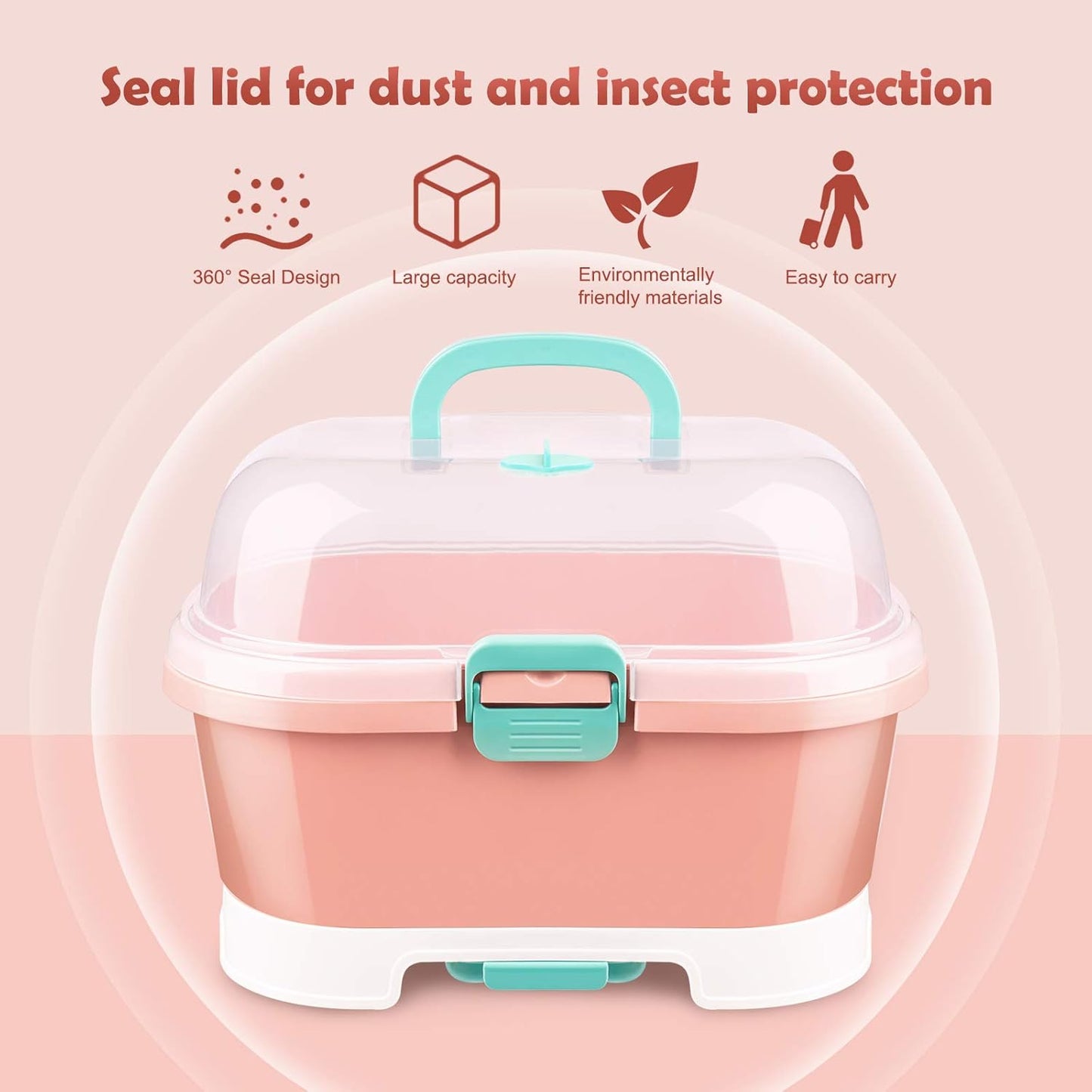 NiHome Portable Baby Bottle Drying Rack with Anti-Dust Lid, Cutlery Organizer and Drain Board - Easy-Carry Handle for Home, Kitchen, Travel and Outdoors (Pink)
