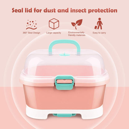 NiHome Portable Baby Bottle Drying Rack with Anti-Dust Lid, Cutlery Organizer and Drain Board - Easy-Carry Handle for Home, Kitchen, Travel and Outdoors (Pink)
