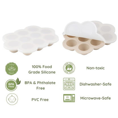 PandaEar 3-Pack Silicone Baby Food Freezer Trays with Lids - 10 Small Portions per Tray (Approx. 1oz/1.5-2 tbsp) - Flexible Storage Container for Breast Milk & Purees, Blue/Green/Beige