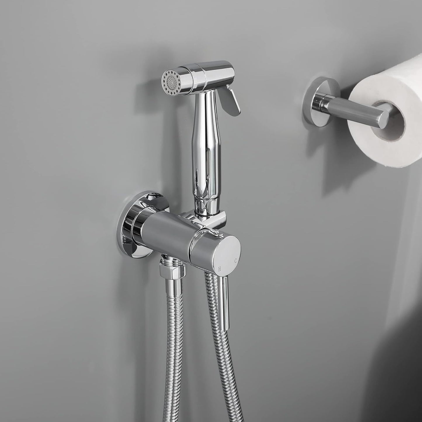 Chrome Handheld Bidet Sprayer for Toilet Warm Water, WiPPhs Stainless Steel Polished Silver Bidet Hand Held Sprayer with Brass Hot and Cold Mixing Valve, WI9138CP