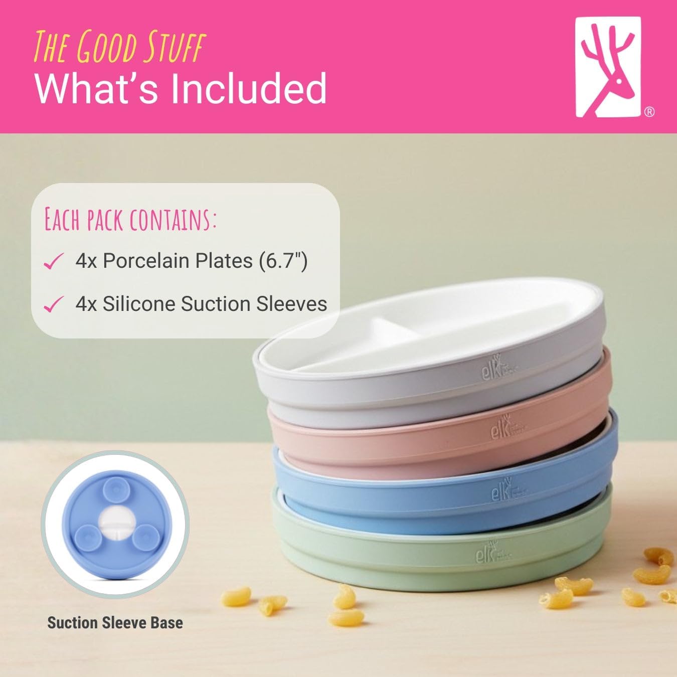 Elk and Friends Kids 6.7” Porcelain Divided Plates with Silicone Suction Sleeves + Silicone Lids | Suitable for Babies/Kids/Toddlers | Microwave & Dishwasher Safe | Non Slip | Snack Dishes | 4 Pack