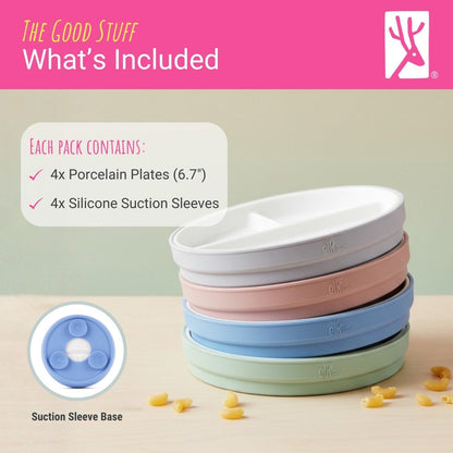 Elk and Friends Kids 6.7” Porcelain Divided Plates with Silicone Suction Sleeves + Silicone Lids | Suitable for Babies/Kids/Toddlers | Microwave & Dishwasher Safe | Non Slip | Snack Dishes | 4 Pack