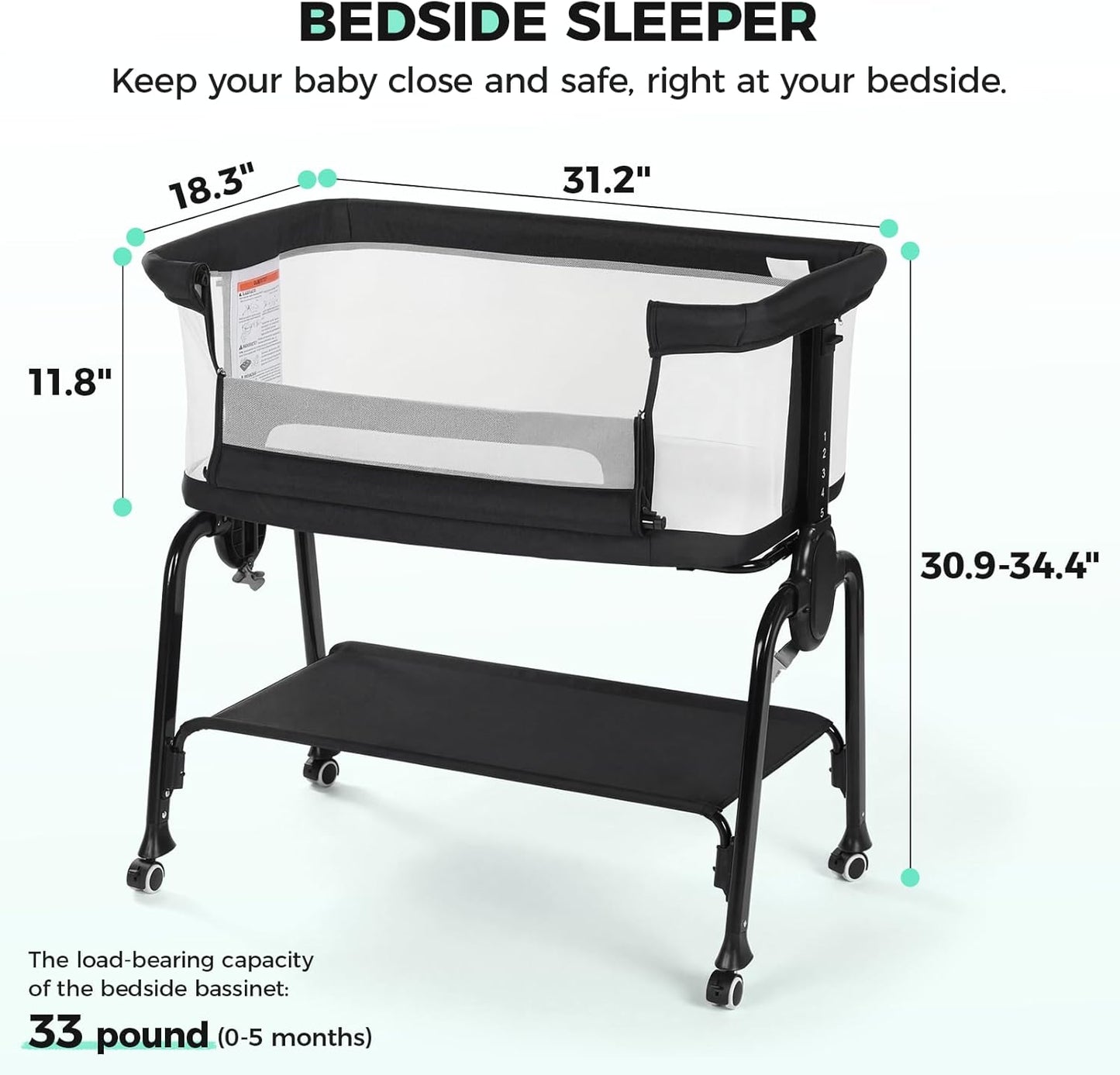 Cowiewie Bassinet Bedside Sleeper, Breathable Baby Bedside Bassinet and Mattress, Lightweight and Portable for Bedside Sleeping, Light Grey