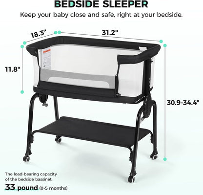 Cowiewie Bassinet Bedside Sleeper, Breathable Baby Bedside Bassinet and Mattress, Lightweight and Portable for Bedside Sleeping, Light Grey