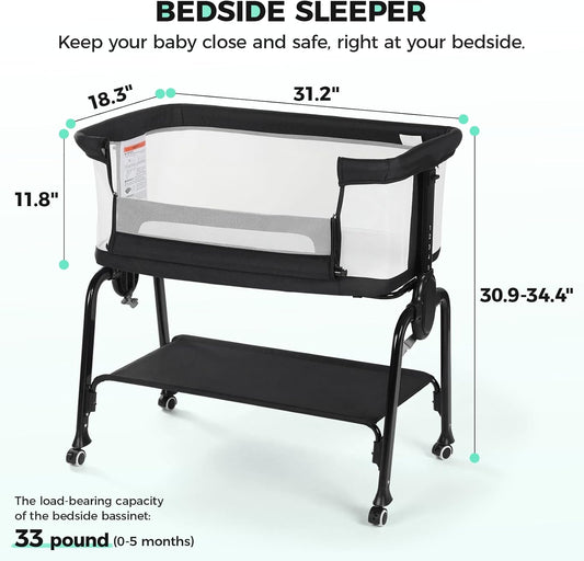 Cowiewie Bassinet Bedside Sleeper, Breathable Baby Bedside Bassinet and Mattress, Lightweight and Portable for Bedside Sleeping, Light Grey