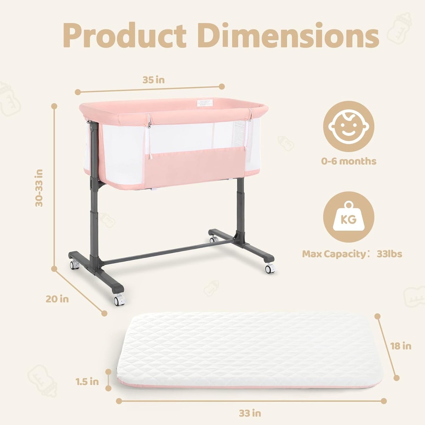 Kinder King Baby Bassinet Bedside Sleeper, Newborn Baby Bedside Crib w/Wheels, All-Sided Mesh, Adjustable Height, Removable Soft Mattress, No Tool to Assemble, Grey