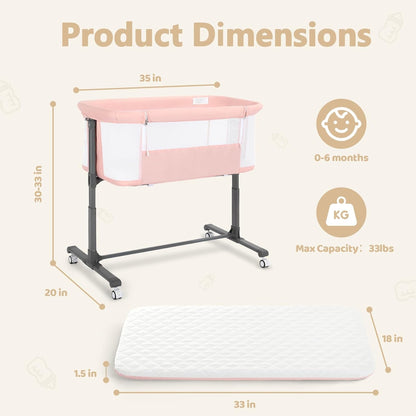 Kinder King Baby Bassinet Bedside Sleeper, Newborn Baby Bedside Crib w/Wheels, All-Sided Mesh, Adjustable Height, Removable Soft Mattress, No Tool to Assemble, Grey