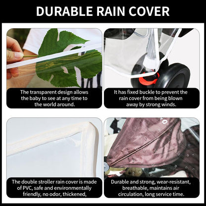 Double Stroller Rain Cover with 2 Buggy Hook, Universal Side by Side Pushchair Waterproof Dust Proof Cover Pram Accessories for Outdoor Travel(Transparent)