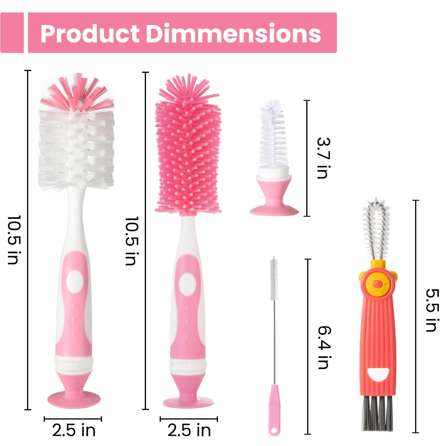 Ariseno 5-in-1 Baby Bottle Brush Set, Including Nylon and Silicone Bottle Brush, Bottle Cap, Straw and Nipple Cleaner, BPA-Free (Blue)