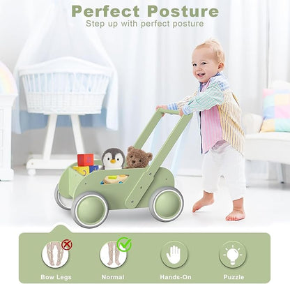 Wooden Baby Walker for Toddler, Baby Push Walker with Wheels for Infants Boys Girls, Toys Gift for Birthday Christmas New Year, Mint Green