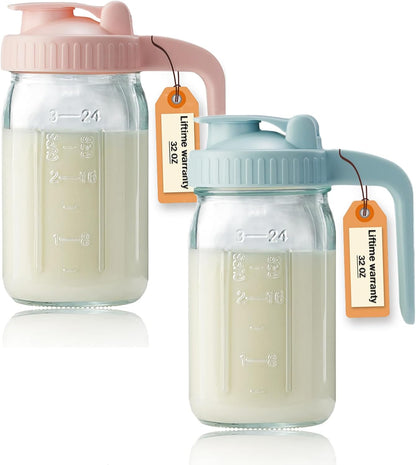 32oz Glass Pitcher with Lid & V-shaped Pour Spout - 1 Quart Breastmilk Pitcher Double Leak Proof, Creamer Container for Sun Tea, Juice, Cold Brew Coffee, Breastmilk Storage Container
