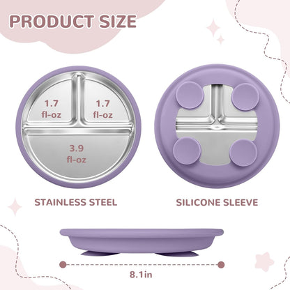 SPMKTQK 3Pack Sainless Steel Kids Plates with Suction, 8.1” Divided Toddler Baby Plates with Removable Silicone Sleeves BPA Free Non-Slip 2-in-1 Anti Breakage Metal Toddler Bowls