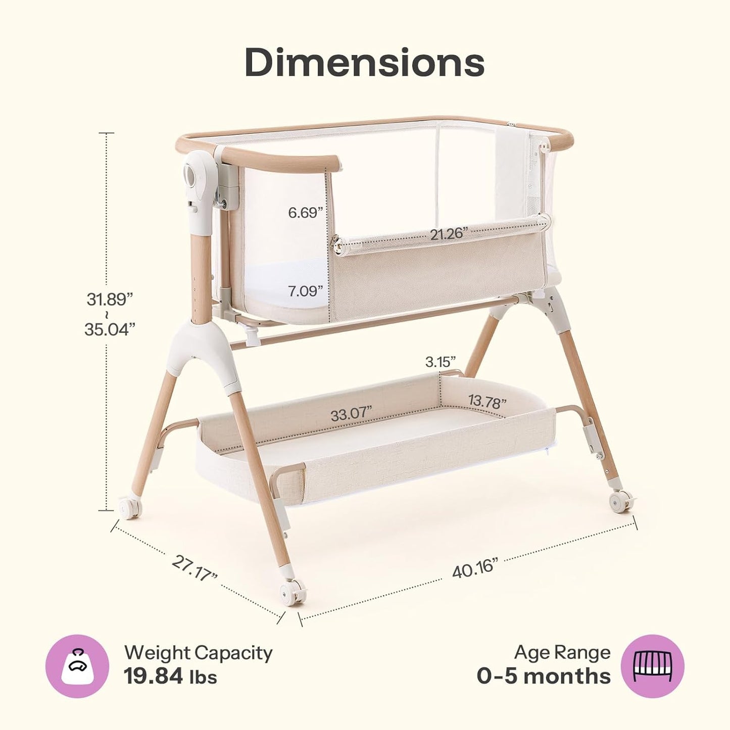 HARPPA Cuddly Signature Baby Bassinet with Mattress, 3 in 1 Bedside Sleeper & Rocking Cradle, Breathable Mesh, 5 Height Adjustable, Newborn 0–5 Months, Wood Grain