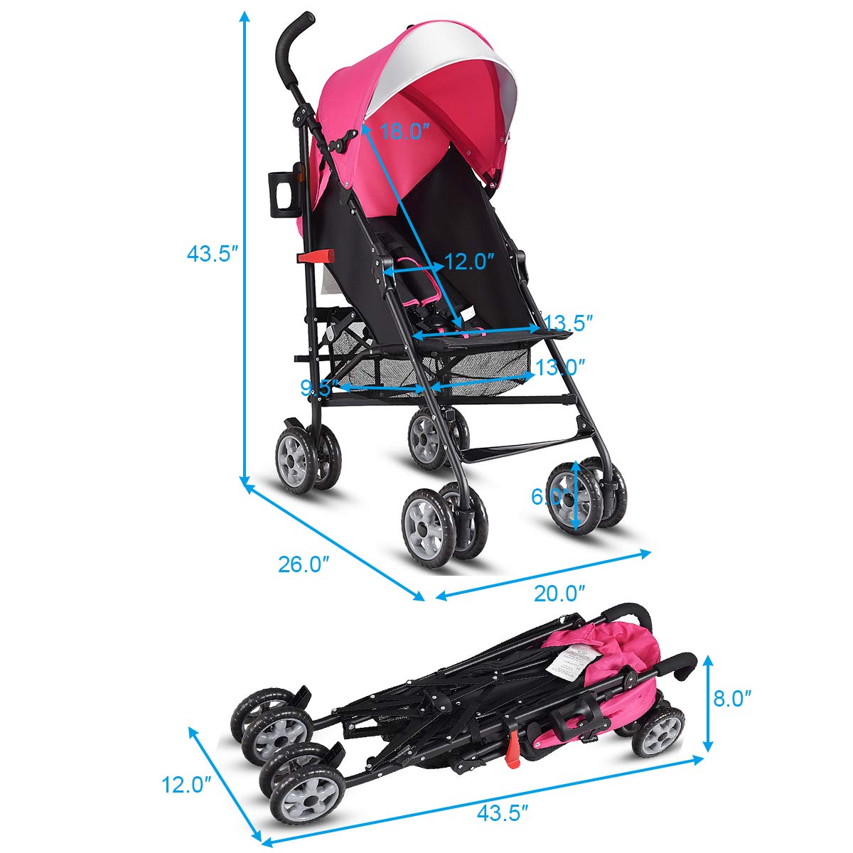 HONEY JOY Baby Lightweight Stroller, Compact Travel Stroller for Airplane, Adjustable Backrest & Canopy, 5-Point Harness, Cup Holder, Storage Basket, Foldable Umbrella Stroller for Toddlers (Black)