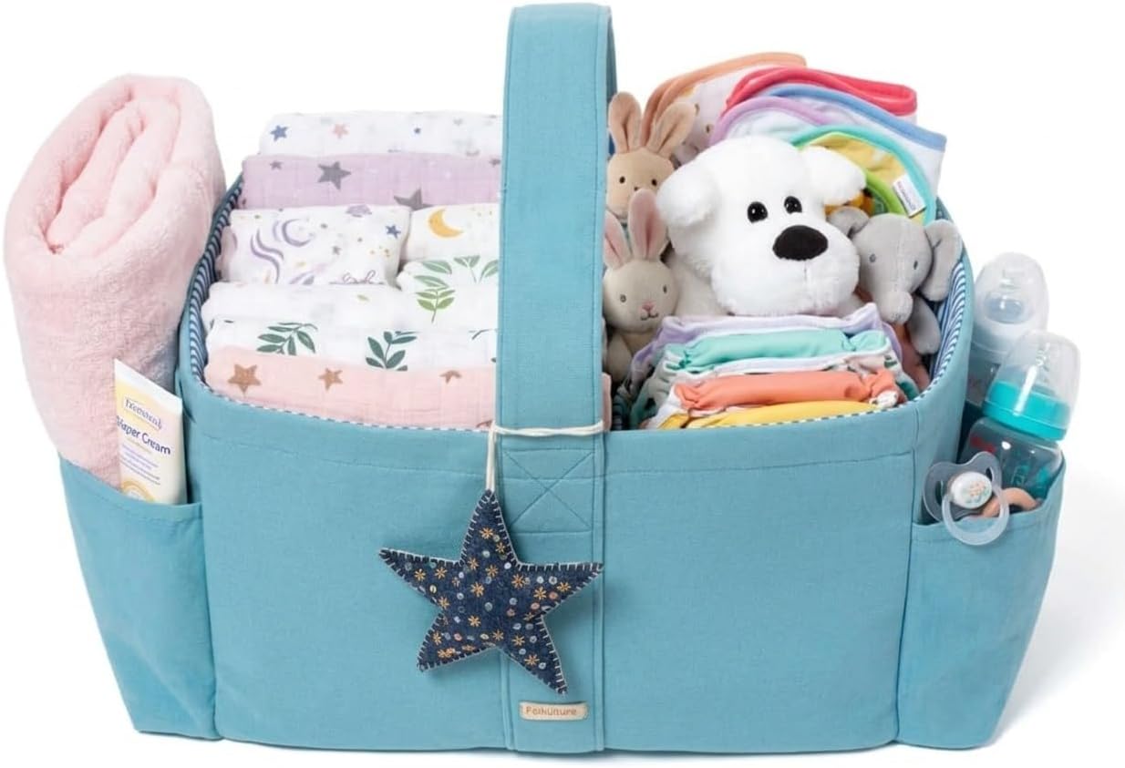 Folkulture Baby Diaper Caddy | Cotton Diaper Bag for Kids - Stylish Comfort Spacious Travel Essential Cart | Nursery Storage Bin and Car Organizer for Diapers, Wipes (Sky Blue - 15")