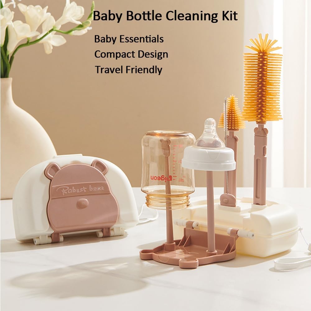 Baby Bottle Drying Rack and Cleaning Set, 7 in 1 Bottle Cleaning Brush Set with Silicone Bottle Brush, Straw Brush, Nipple Brush, Soap Dispenser, Storage Box, Drying Rack for Baby Bottle (Brown)