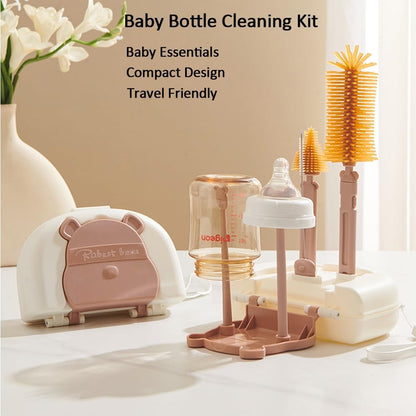 Baby Bottle Drying Rack and Cleaning Set, 7 in 1 Bottle Cleaning Brush Set with Silicone Bottle Brush, Straw Brush, Nipple Brush, Soap Dispenser, Storage Box, Drying Rack for Baby Bottle (Brown)