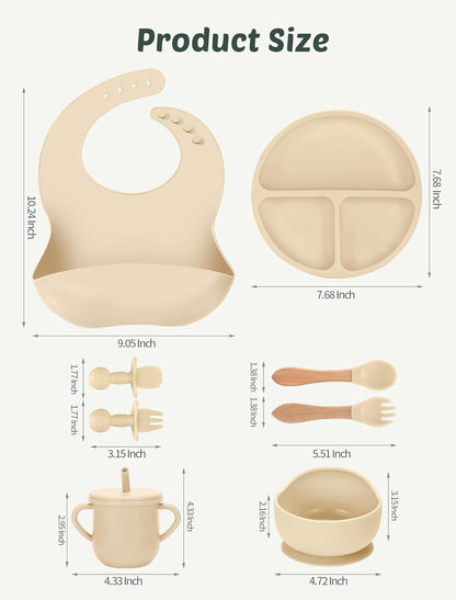 24 PCS Silicone Baby Feeding Set, Baby Led Weaning Supplies Includes Suction Bowls and Divided Plates, Adjustable Silicone Bib, Spoons&forks, Training cup with straw (Green+Brown+Beige)