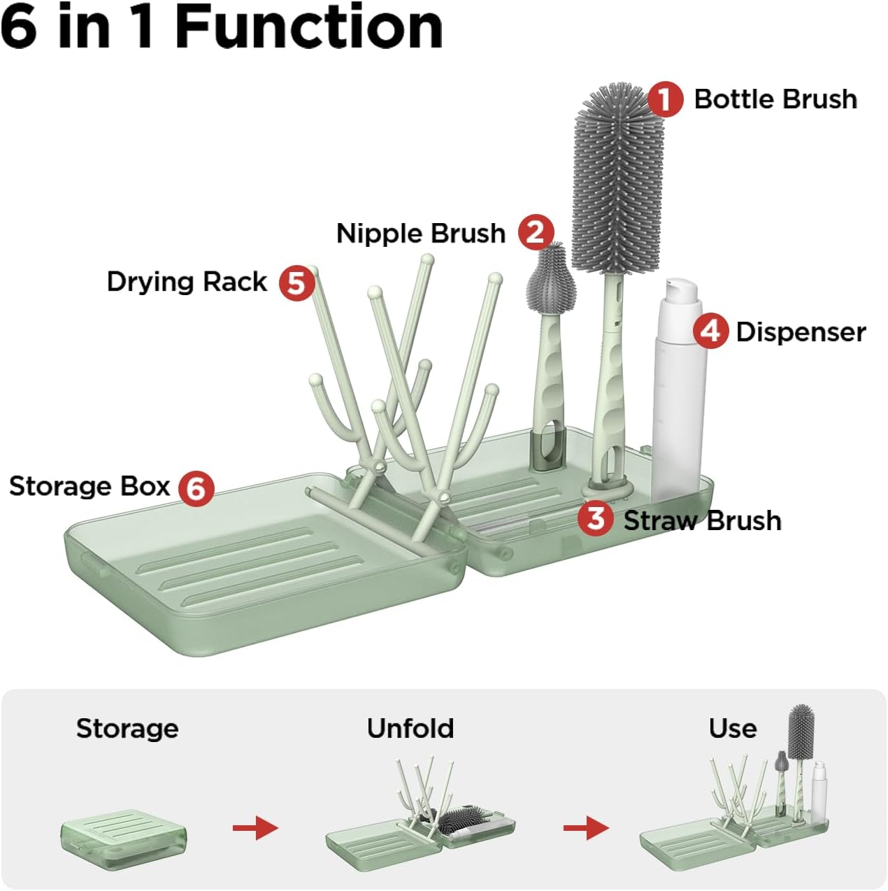 YOTIME Travel Bottle Brush, Travel Bottle Cleaner Kit with Foldable Bottle Drying Rack, for Visit Friends and Relations, Baby Travel Essentials, BPA Free, Green
