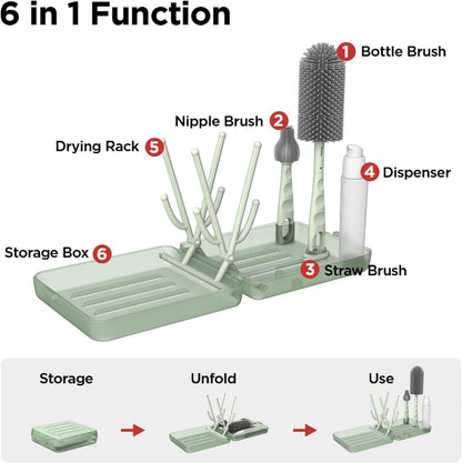 YOTIME Travel Bottle Brush, Travel Bottle Cleaner Kit with Foldable Bottle Drying Rack, for Visit Friends and Relations, Baby Travel Essentials, BPA Free, Green