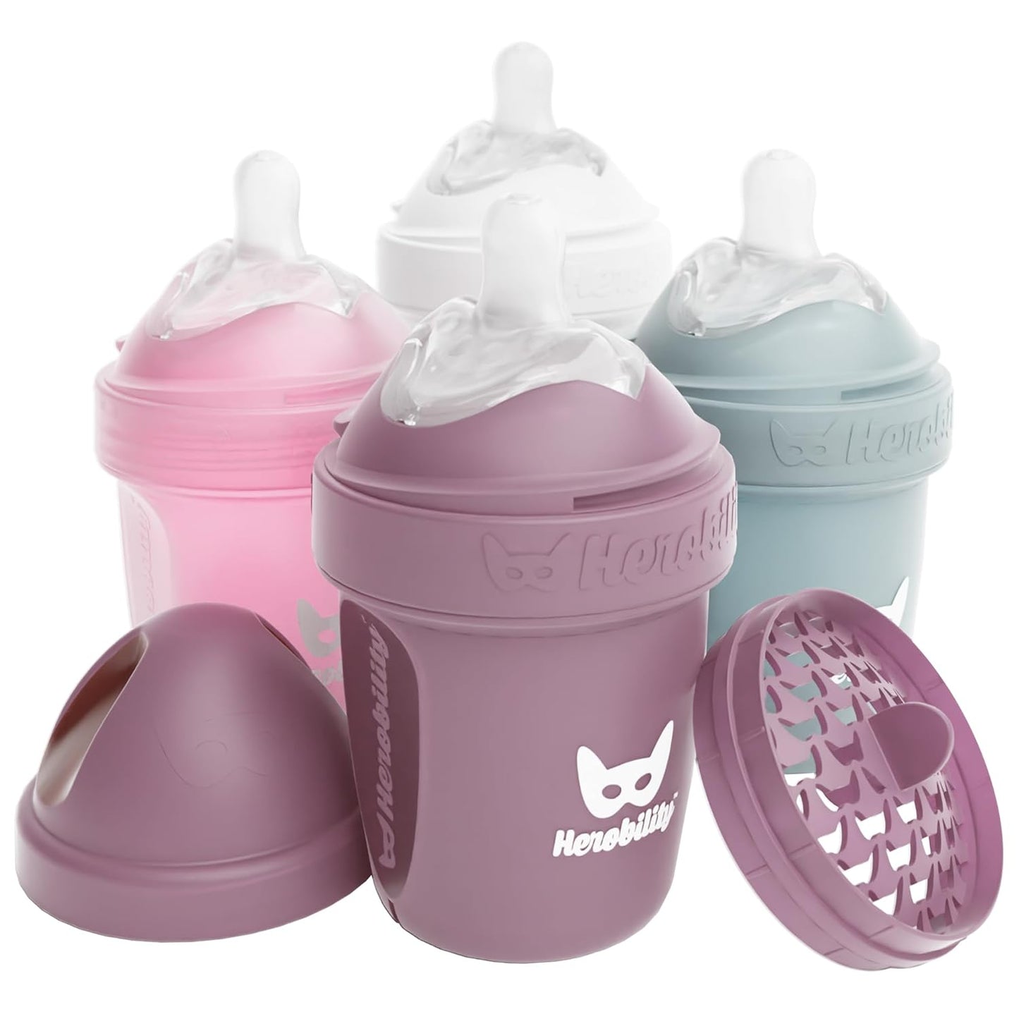 Herobility Anti-Colic Baby Bottles 8.5 fl oz/240ml - Pack of 4 Plastic Baby Bottles, Slow Flow Plastic Bottles, Breast-Shaped Teat for Breastfed Babies – Multicolor – White, Gray, Pink, Hawthorn Rose