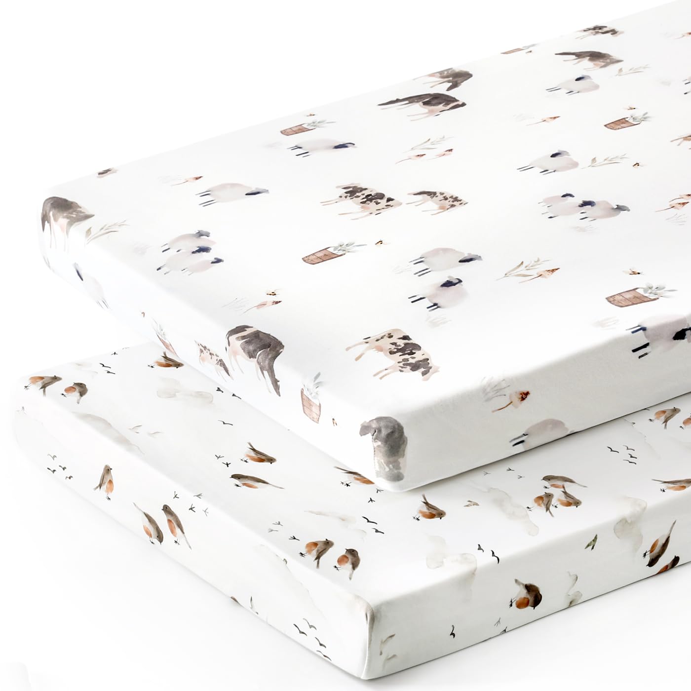 GRSSDER Stretch Ultra Soft Jersey Knit Fitted Pack n Play Playard Sheets Set 2 Pack，Fits Portable/Mini Cribs Sheets, Playards Mattress Pads, Stylish Watercolor Animals for Baby, Mint Green