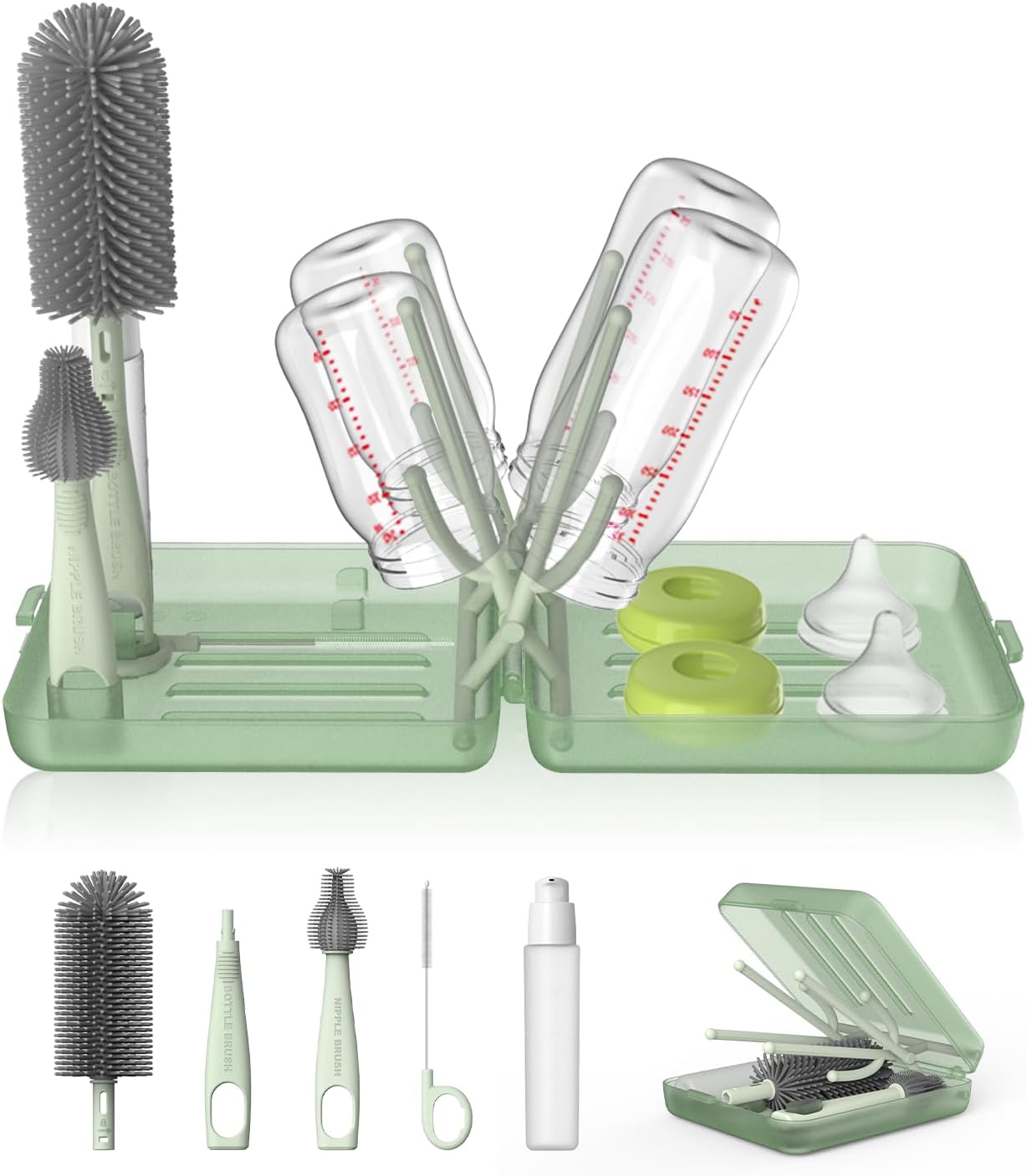 YOTIME Travel Bottle Brush, Travel Bottle Cleaner Kit with Foldable Bottle Drying Rack, for Visit Friends and Relations, Baby Travel Essentials, BPA Free, Green