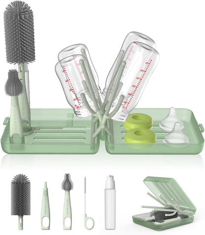 YOTIME Travel Bottle Brush, Travel Bottle Cleaner Kit with Foldable Bottle Drying Rack, for Visit Friends and Relations, Baby Travel Essentials, BPA Free, Green
