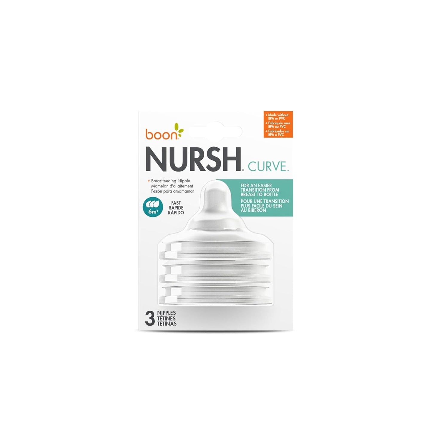 Boon Nursh Curve Silicone Baby Bottle Nipples - Food-Grade Silicone Bottle Nipples – Medium Flow Nipples for Baby Bottles - Baby Bottle-Feeding Supplies - 3 Count