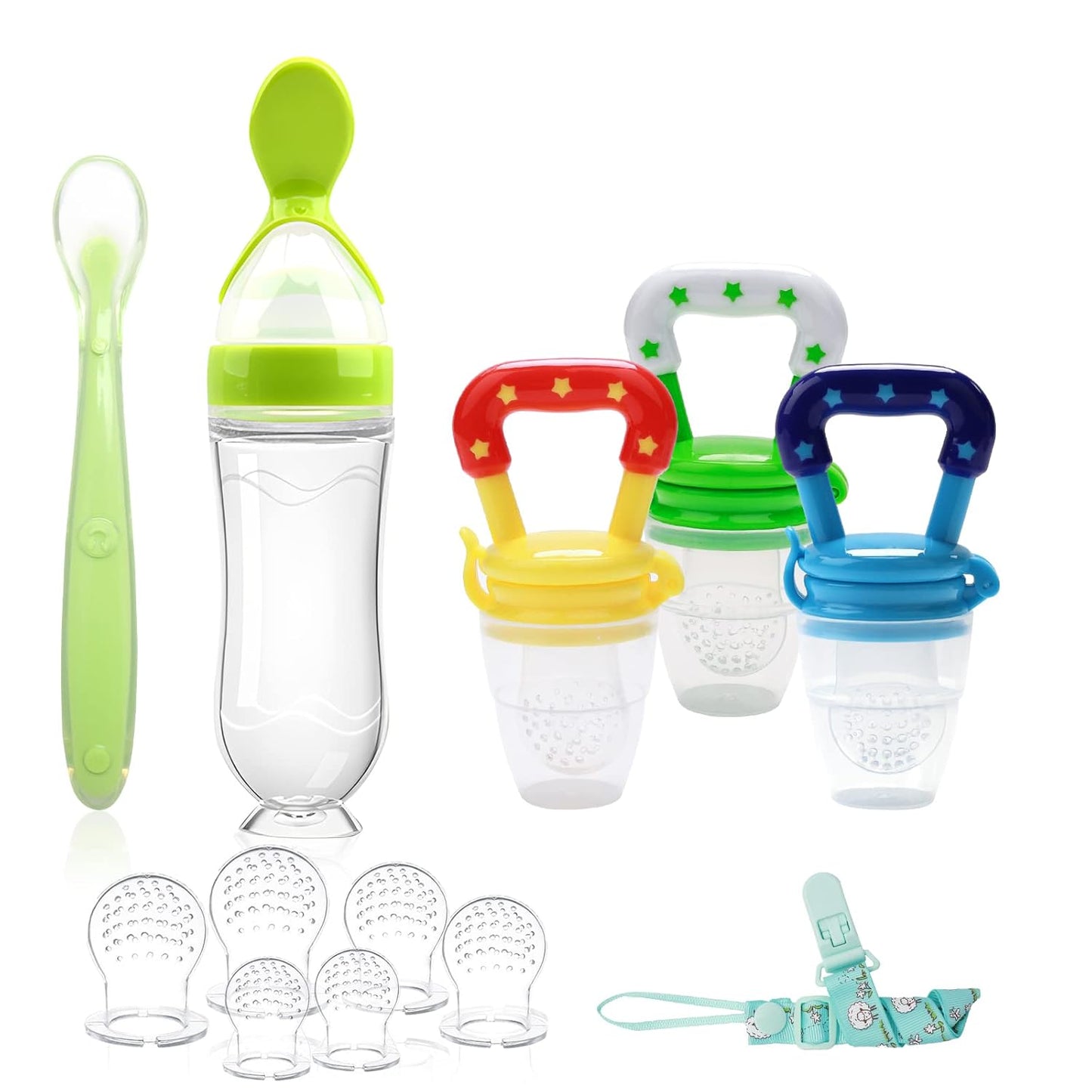 WAJIAYON Baby Fruit Feeder Pacifier - 12 Pack | 2 Infant Food Feeder Pacifier & 1 Babies Food Dispensing Spoon | Fresh Fruit Teethers for Babies | Silicone Feeder Baby,Infant Teething Feeders(Green)