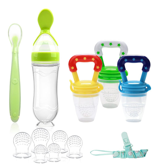 WAJIAYON Baby Fruit Feeder Pacifier - 12 Pack | 2 Infant Food Feeder Pacifier & 1 Babies Food Dispensing Spoon | Fresh Fruit Teethers for Babies | Silicone Feeder Baby,Infant Teething Feeders(Green)