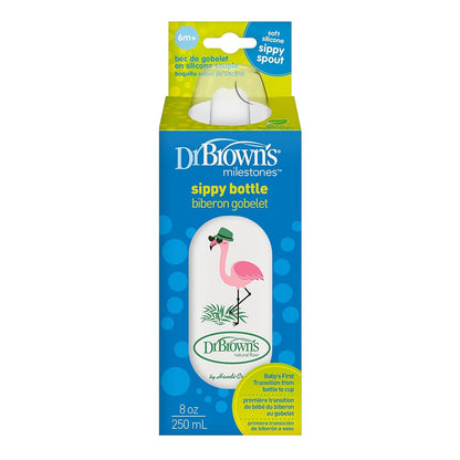 Dr. Brown's Milestones Narrow Sippy Bottle, 100% Silicone Soft Sippy Spout, 8oz/250mL, Flamingo & Bunny, 6m+