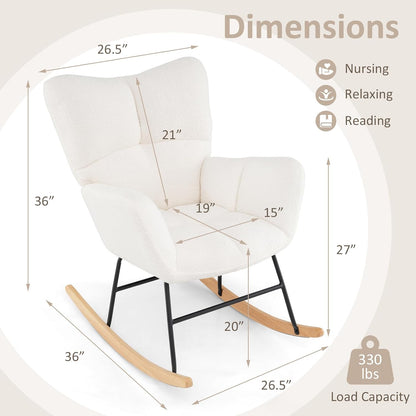 Giantex Rocking Chair Nursery, Teddy Upholstered Glider Rocker Chair w/High Backrest, Armrests & Rubber Wood Feet, Modern Sherpa Rocking Accent Chair for Living Room, Bedroom & Office, Beige