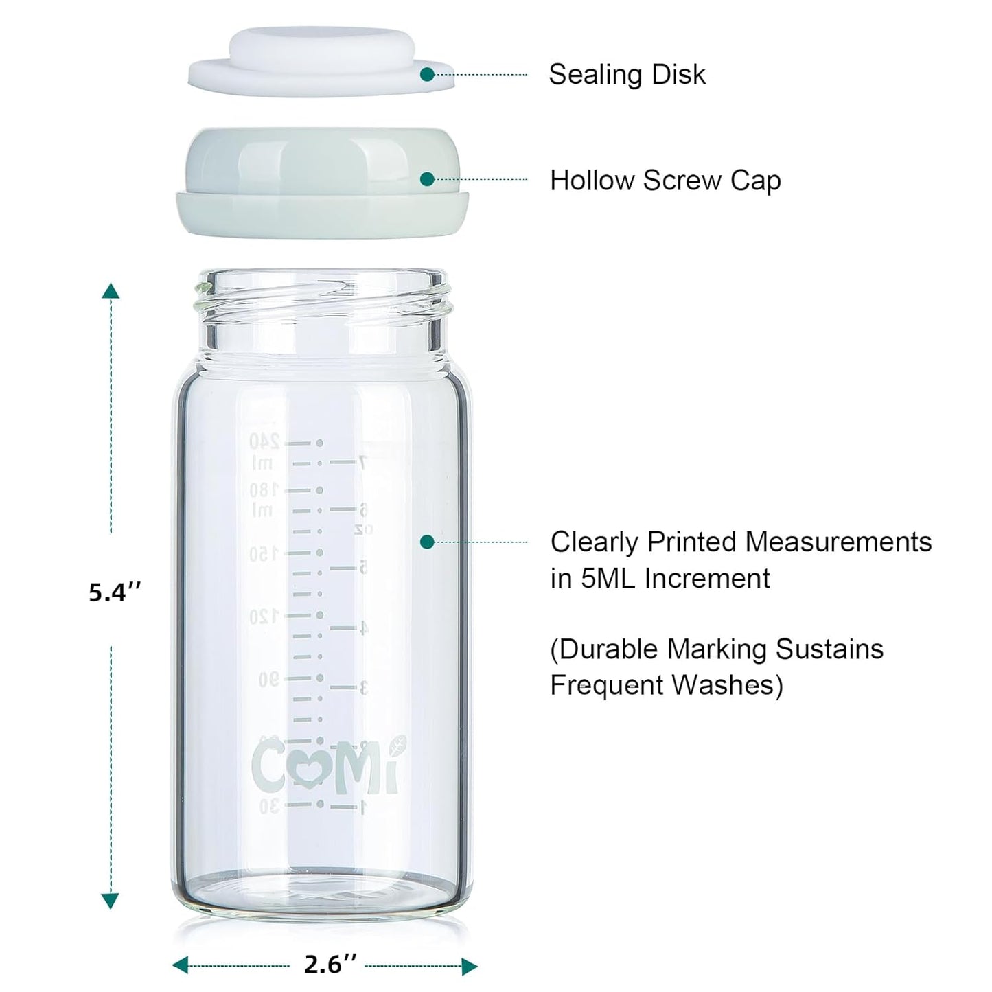 COMI Wide Neck Glass Breastmilk Collection n Storage Bottle, 4 Packs,10oz with Screw Ring Sealing Disk,Re-markable Sealing Disc,BPA Free,Fits Breast Pumps&Nipples(4 Green Lids)