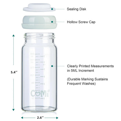 COMI Wide Neck Glass Breastmilk Collection n Storage Bottle, 4 Packs,10oz with Screw Ring Sealing Disk,Re-markable Sealing Disc,BPA Free,Fits Breast Pumps&Nipples(4 Green Lids)
