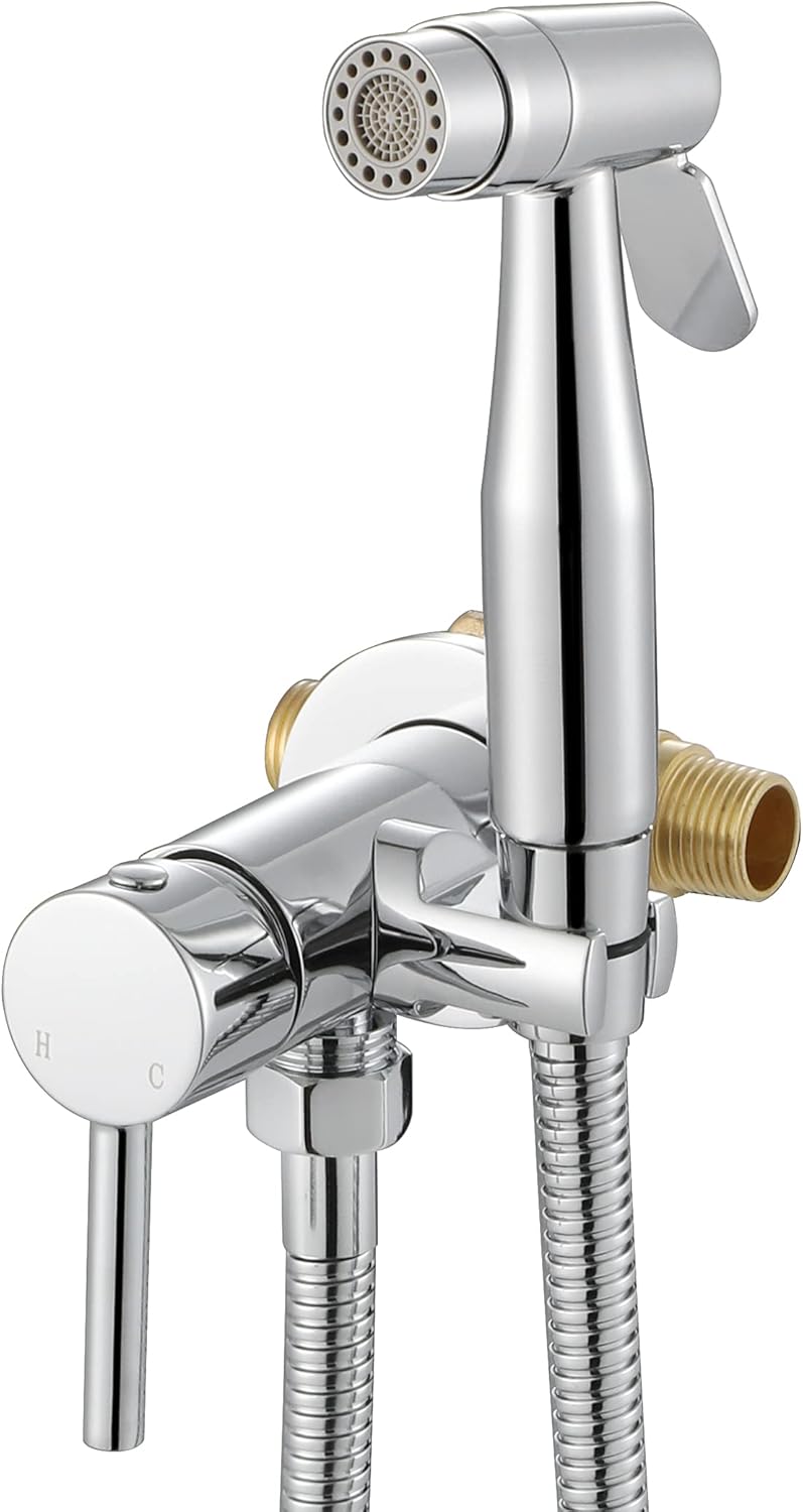 Chrome Handheld Bidet Sprayer for Toilet Warm Water, WiPPhs Stainless Steel Polished Silver Bidet Hand Held Sprayer with Brass Hot and Cold Mixing Valve, WI9138CP