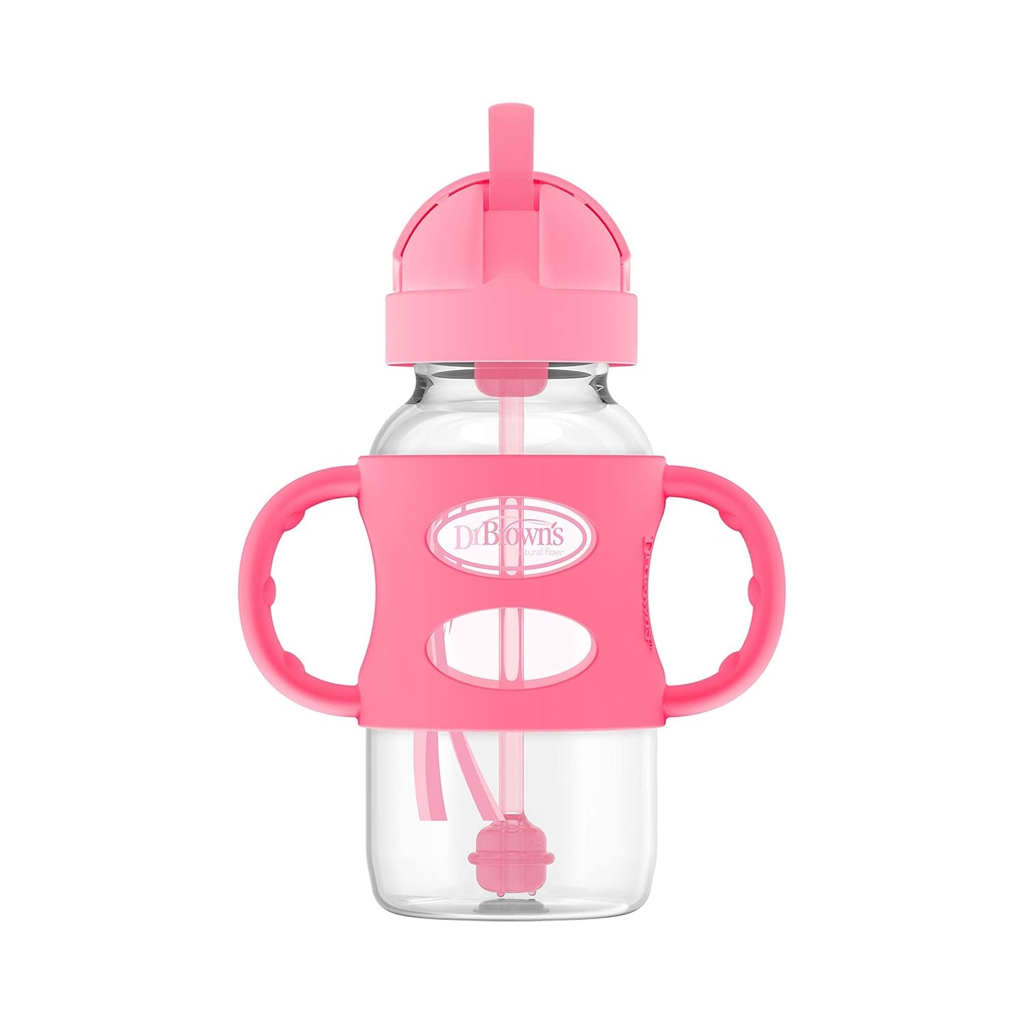 Dr. Brown's Milestones Wide-Neck Sippy Straw Bottle, Spill-Proof with 100% Silicone Handles and Weighted Straw, 9 oz/270 mL, Gray & Pink, 6m+, 2-Pack